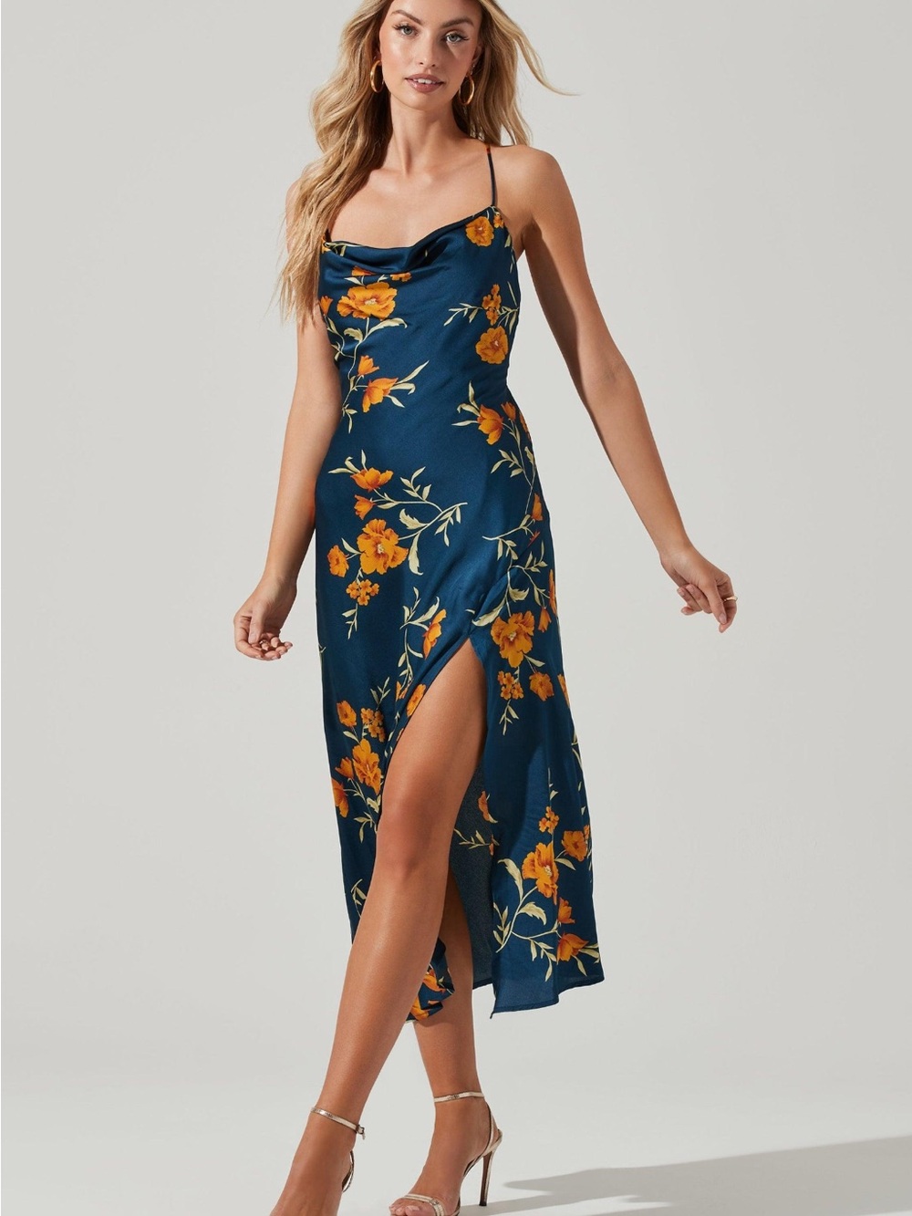 Astr Navy Floral Cowl Midi Dress with Orange Blooms